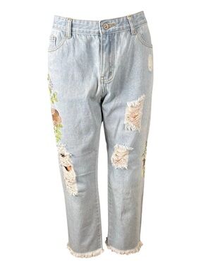 POL Cropped Distressed Embroidered Denim Jeans, Size L.
